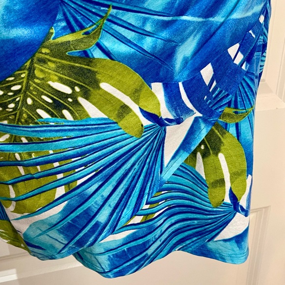Cache Blue and Green Dress Tropical Leaf Ruched Bodycon Faux Wrap Size Small - Picture 5 of 9
